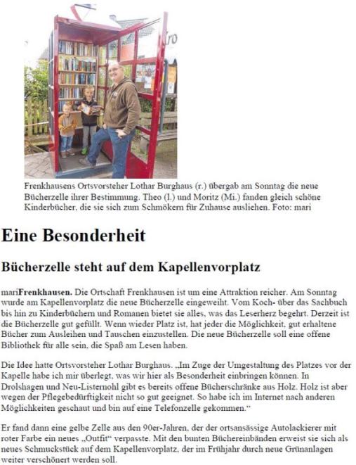 Zeitungsbericht über die Einweihung der Bücherzelle