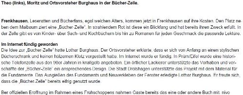 Zeitungsartikel zur neuen Bücherzelle in Frenkhausen